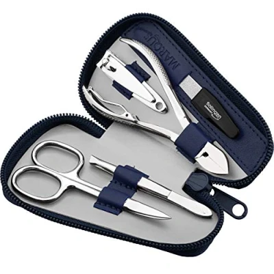 Image of marQus Manicure Set Men Mens Nail Grooming Kit for Professional Care, Stainless Steel Cutter, Scissors, Clippers, Sapphire file and Tweezers in a Black Leather Case