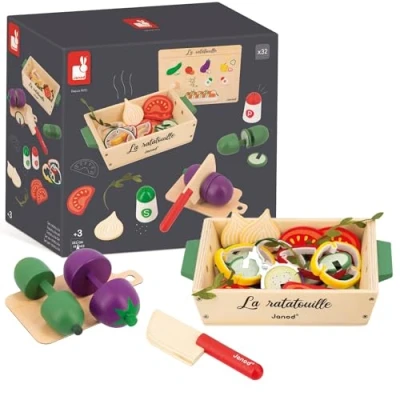 Image of Janod Ratatouille Set 32 Kitchen Accessories Includes the Recipe + Utensil Vegetables Pretend Play Toy FSC Wooden 3 Years +, J06626
