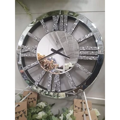 Image of Biznest LARGE Silver Mirrored Crushed Crystal Round Roman Number Wall Clock 40x40Cm