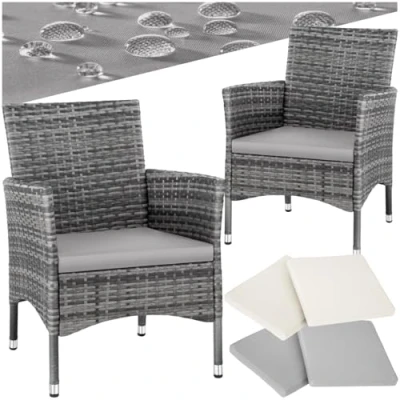 Image of TecTake® Rattan Garden Chairs Set of 2 Made UV Resistant Polyrattan, Steel Frame &amp; Outdoor Cushions. Rain Removable Covers in 2Two Colours. For Patio or Balcony Grey/Light Grey