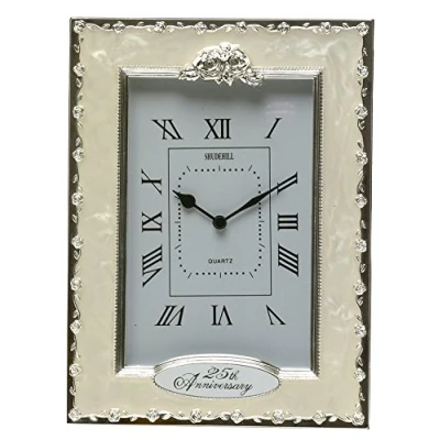 Image of KAUZA Shudehill Clocks 25th Anniversary Silver Wedding Celebration Quartz Table Clock, White, 19.5cm x 14.5cm