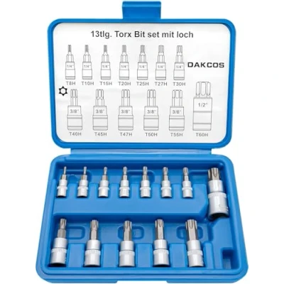 Image of DAKCOS 13pcs Torx Bit Socket Set, T8H T60H, Set 1/4&quot;, 3/8&quot;, 1/2&quot;, T Profile with Hole, CR V Sockets and S2