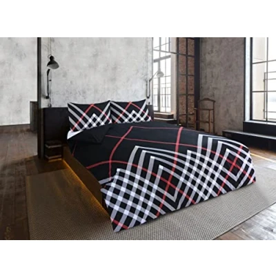 Image of CnA Stores Maxwell Geo Check Duvet Cover &amp; Pillowcase Reversible Easy Care Cotton Blended Bedding Set (DOUBLE, BLACK/RED)