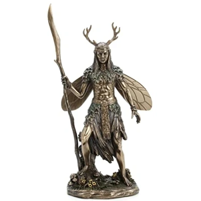 Image of Veronese Design Celtic Antler Druid Wielding Staff Bronze Resin Statue Pagan Home Decor Sculpture