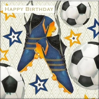 Image of Nigel Quiney Male Birthday Card General for Men/Boys Football Boots, Balls and Stars with Foil Details Eco Friendly Recyclable