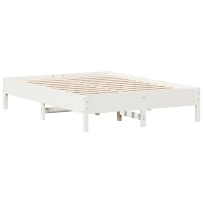 Image of vidaXL Solid Wood Pine Double Bed Frame White, 135x190 cm with Supportive Legs &amp; Plywood Slats, Contemporary Bedroom Furniture