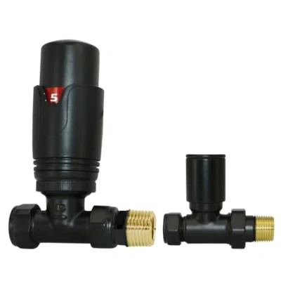 Image of Warmehaus Thermostatic Radiator Valve 15mm Straight TRV + Lockshield for Heated Towel Rail Black