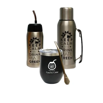 Image of Gaucho Cebar Yerba Mate Tea Set Complete Accessories Thermos Flask 1L Silver and Yerbomos 680 ml Black, Stainless Steel Cup Termolid 350 Straw Bombilla 19 cm