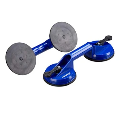 Image of Relaxdays Double Suction Cups Set of 2, Heavy Duty Glass Lifting, Vacuum Pads, Transport Handle, 80 kg, Ø 12 cm, Blue