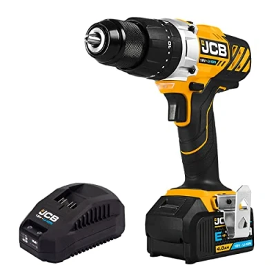 Image of JCB 18V Cordless Combi Drill, 4.0Ah Battery, Fast Charger, Variable Speed &amp; LED Light, 16+3 Position Torque, Rubber Grip Overmould Belt Clip, 3 Year Warranty