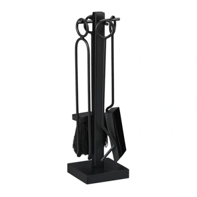Image of Fireplace tool set, 5 piece poker, ash shovel, broom, tongs &amp; holder, iron, black Relaxdays