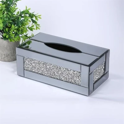 Image of Deenz Silver Crushed Crystal Diamond Strip Border Tissue Box Diamante Bling, Living Room