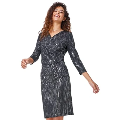 Image of Roman Originals Sequin Spot Side Ruched Dress for Women UK Ladies Autumn Everyday Winter Holiday V Neckline Comfy 3/4 Sleeve Soft Frock Stretch Jersey Gowns Silver Size 18
