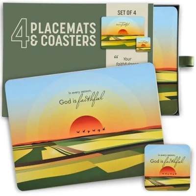 Image of Christian placemats set of 4, cork backed, plus 4 coasters, heat resistant, God is faithful. Religious table mats by Just Cards Direct