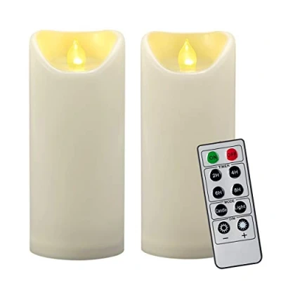 Image of 2PCS 7&quot; Outdoor Waterproof LED Flameless Pillar Candles with Remote &amp; Timer/Large Flickering Battery Operated Electric Ivory Plastic Fake for Outside Patio Lantern Fireplace Decorations
