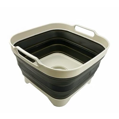 Image of SAMMART 10L Collapsible Dishpan with Draining Plug Foldable Washing Basin Portable Dish Tub Space Saving Kitchen Storage Tray (Grey/Washed Black)