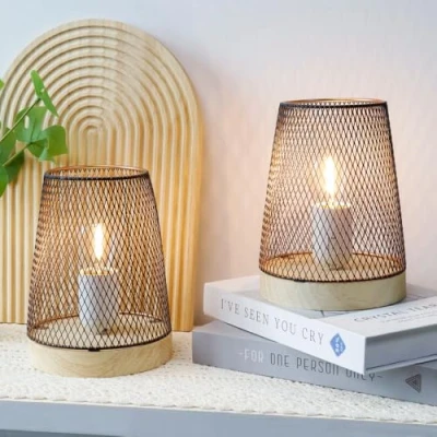 Image of JHY DESIGN Metal Mesh Table Lamp Battery Powered, Set of 2 LED Wireless with 6 Hour Timer, 20cm High Bedside Lamps for Bedroom Indoor Hallway Balcony Living Room(Vase, Wooden Base)