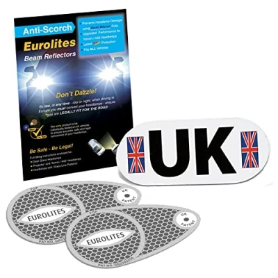 Image of Family Motoring &amp; Leisure Euro Headlamp Beam Deflectors Eurolites Headlight Adaptors + Magnetic UK Plate Silver White Compatible For All Vehicles