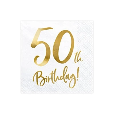 Image of PartyDeco 50th Birthday Paper Napkins Pack of 20, 3 Ply White &amp; Gold Metallic Print Perfect for Parties Celebrations