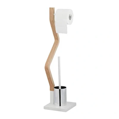 Image of Relaxdays WC Set, Toilet Paper, Upright Stand, Bathroom Brush and Holder, HWD: 75 x 18.5 cm, White/Natural