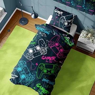 Image of Gamer Single Duvet Cover Neon Gaming Controllers Design Reversible Bedding Set Polycotton
