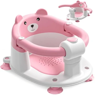 Image of EzyWay Baby Bath Seat for Babies 6 Months &amp; Up, Toddler Seats Sitting Non Slip Infant Tub Chair with 4 Suction Cups Soft Cushion Shower (Pink)