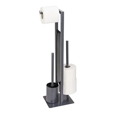 Image of WENKO Rivalta standing toilet set, free set with brush, paper and spare roll holder, matt painted steel, safety glass divider, 18 x 70 23.5 cm, grey