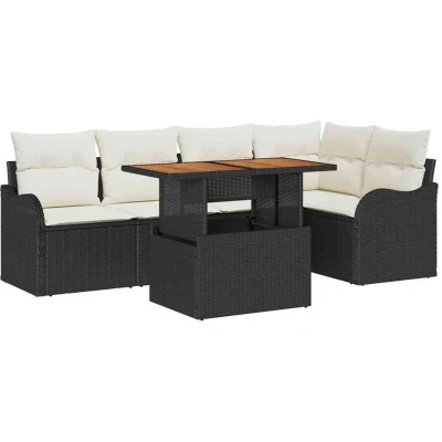 Image of vidaXL 6 Piece Garden Sofa Set with Cushions Black Poly Rattan Acacia