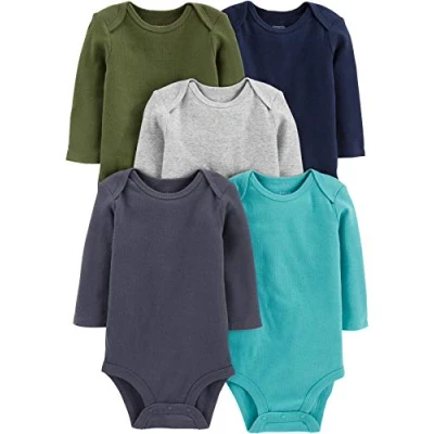 Image of Simple Joys by Carter&#039;s Baby Long Sleeve Bodysuit Pack of 5, Blue/Grey Heather/Navy/Olive/Washed Navy, Premature