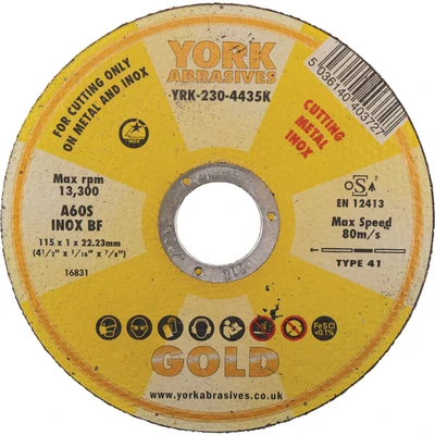 Image of York Abrasives Gold 115 X 1.0 22MM A 60 S BF Inox Reinforced Cut off Disc, Type 41 (Flat)