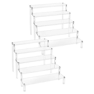 Image of QWORK® 2 Pack 5 Tier Clear Acrylic Display Stand Retail Riser for Pop Figures, Cupcake, Dessert, Perfume, Nail Polish, Condiment 30x32x25cm
