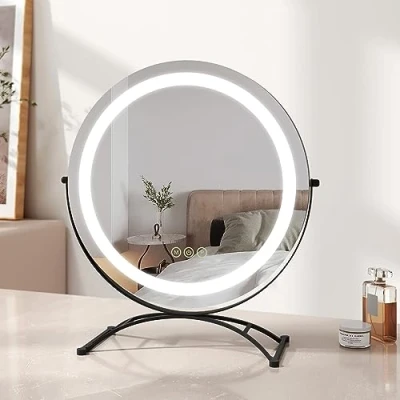 Image of EMKE LED Hollywood Vanity Mirror, Round 360 Rotation Makeup Mirror Touch Screen Cosmetic with Dimmable, Adjustable Brightness and Memory Function, Illuminated (Φ400mm, Black)