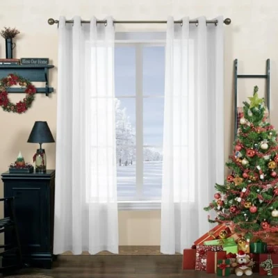 Image of CUCRAF White Voile Curtains For Living Room, Semi Transparent Eyelet Sheer Curtains, Linen Look bedroom, 55x96 Inch Drop,2 Panels, Off