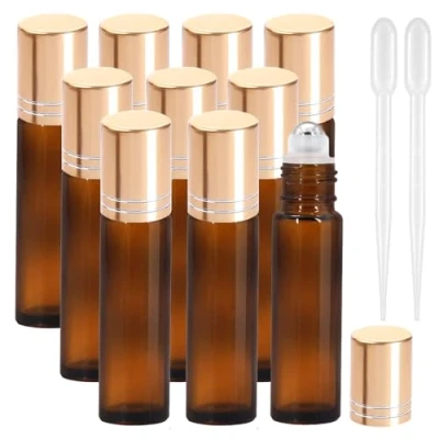 Image of JamHooDirect 10Pcs, 10Ml Essential Oils Roll on Bottles Travel Refillable Amber Glass Roller with Stainless Steel Balls, Perfect for Fragrance (Includes 1 Bottle Opener &amp; 12Pcs Label)