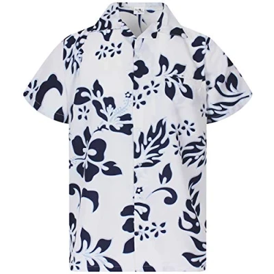 Image of King Kameha Floral Vibes Hibiscus Print Hawaii Colorful Stylish Shirt Standard Fit, Hibiscus, White Navy Blue, XL