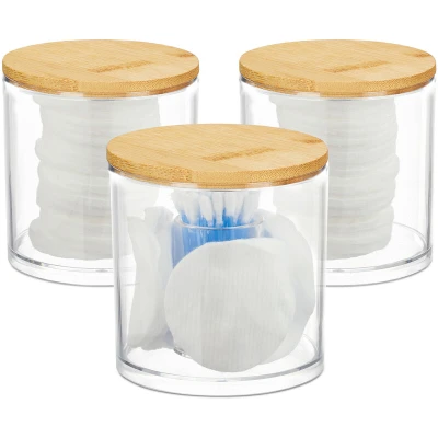 Image of Relaxdays Cotton Swab Storage Container Set of 3, Acrylic Bamboo, Assorted Colors, 13 x 10 cm