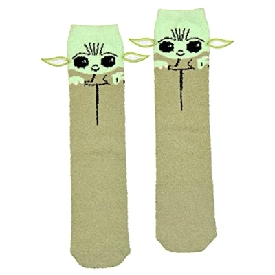 Image of Hyp Star Wars Men&#039;s Baby Yoda Soft Fuzzy Crew Socks with Embroidered Ears, Multi, Medium