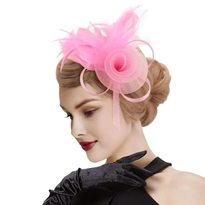 Image of DRESHOW Mesh Flower Feather Fascinators with Clip and Head Band Cocktail Tea Party Headwear for Girls &amp; Women