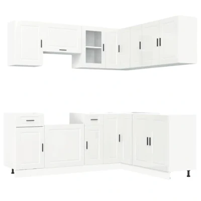 Image of vidaXL 11 Piece Kitchen Cabinet Set Gloss White Engineered Wood Cabinets with Ample Storage &amp; Adjustable Feet