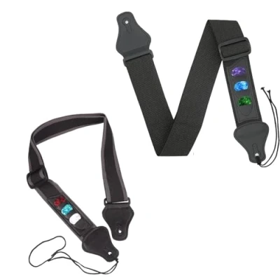 Image of FWORUAIS Guitar Strap Braided Adjustable Straps with 3 Pick Pocket for Bass,Electric,Acoustic Guitars?Black and Black Gray