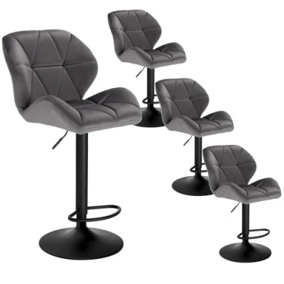 Image of WOLTU Bar Stools Dark Grey Chairs Dining for Kitchen Island Counter Set of 4 pcs Velvet Exterior/Adjustable Swivel Gas Lift/Steel Footrest Base Classic Black BH139dgr UK