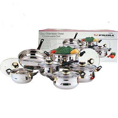 Image of Prima Kitchenware New 12pc Stainless Steel Cookware Saucepan Frypan Casserole Set with Glass Lid, Silver, 1x16cm, 1x18cm, 1x20cm , 1x24cm,