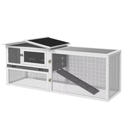 Image of PawHut Rabbit Hutch with Run Wooden Guinea Pig Outdoor Bunny Cage Hide House Sliding Tray, Hay Rack, Ramp, 156 x 58 68cm, Grey
