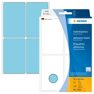 Image of HERMA Multi Purpose Labels, 4 Labels per Sheet, 32 Sheets, 52 x 82 mm, 128 Self Adhesive Large Stickers, Blank Sticky for Office Kitchen Home, Blue