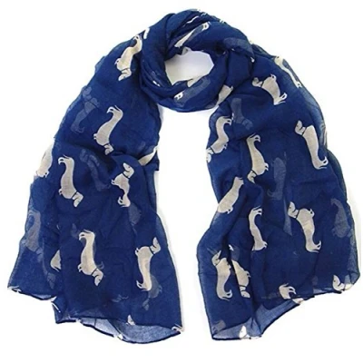 Image of World of Shawls Dachshund Dogs Print Scarf All Seasons Large Size Small Mini Sausage Dog (Navy Blue)