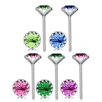 Image of Yumilok Jewelry Women&#039;s Men&#039;s 5 Pairs 925 Sterling Silver Multi Color Cubic Zirconia Studs Hypoallergenic Earring Set