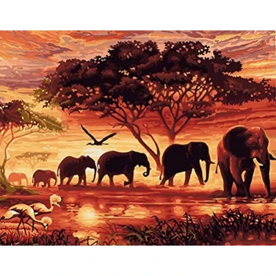 Image of Amiiba DIY Paint by Numbers Kits, African Savanna Elephant, Tree of Life, Sunset Landscape 16x20 inch Acrylic Painting Number Wall Art Crafts (Elephant, Without Frame)
