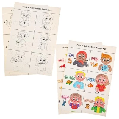 Image of Baker Ross FN117 Learn Sign Language Sticker Scenes Pack of 4, STEM Teaching Learning Aids for Schools and Classrooms