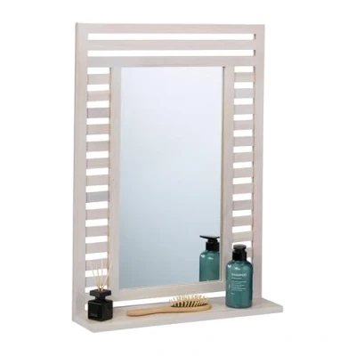 Image of Relaxdays Bathroom Mirror, with Shelf, Wall Mounted, HxWxD: 70x50x12 cm, Walnut Wood Frame, for Toilet &amp; Hallway, White, Glass