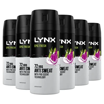 Image of Lynx Epic Fresh Grapefruit &amp; Tropical Pineapple Scent Antiperspirant Deodorant Spray 72 Hours Anti Sweat Aerosol An Iconic Fragrance 6x 150 ml